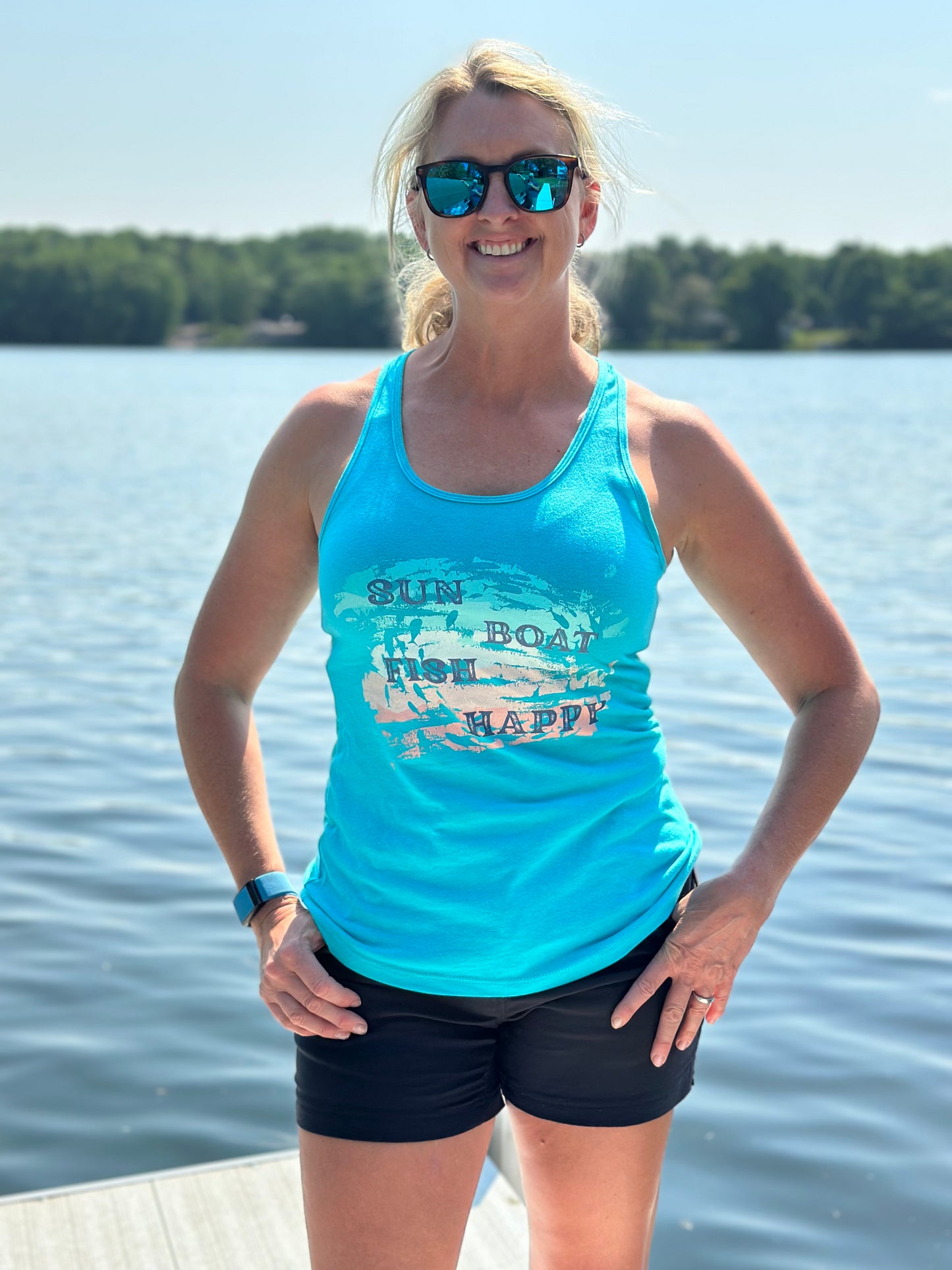 Sun Boat Fish Happy Racerback Tank Top