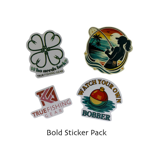 Four fishing-themed stickers on a white background with 'True Fishing Gear' branding.