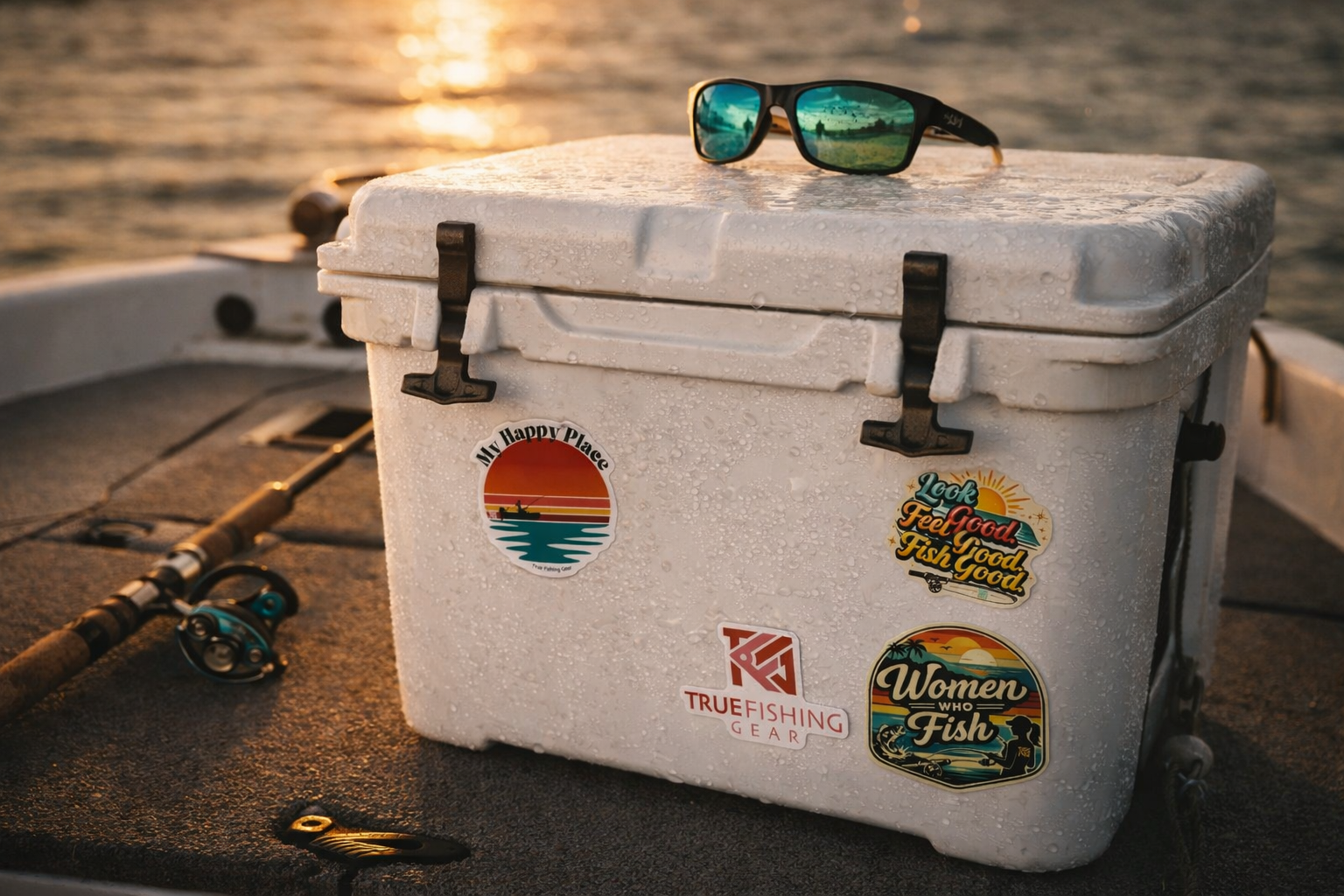 White cooler with stickers on a boat deck, sunglasses on top, with water in the background