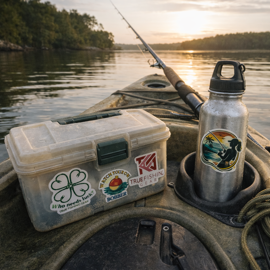 Fishing tackle box and water bottle on a boat with a sunset over water background