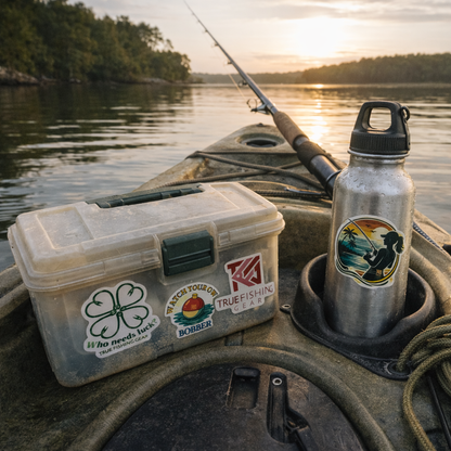 Fishing tackle box and water bottle on a boat with a sunset over water background